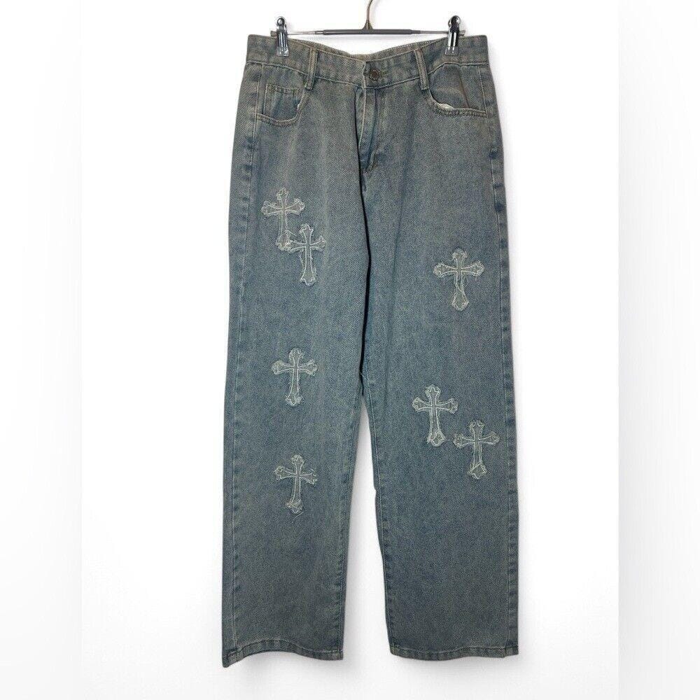 Deadstock‎ Hip Hop Baggy Wide Leg Applique Cross Streetwear Jeans 2XL Vintage